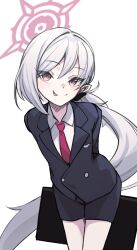 Rule 34 | 1girl, :q, arms behind back, bag (chrko bag), black jacket, black shorts, blue archive, closed mouth, collared shirt, cowboy shot, grey hair, halo, highres, holding, holding suitcase, jacket, leaning forward, long hair, mutsuki (blue archive), mutsuki (suit) (blue archive), necktie, pointy ears, purple eyes, red halo, red necktie, shirt, shorts, smile, solo, suitcase, tongue, tongue out, very long hair, white shirt