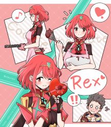 Rule 34 | 1boy, 1girl, armor, blush, breasts, earrings, fingerless gloves, gloves, hair ornament, headpiece, jewelry, large breasts, looking at viewer, mochimochi (xseynao), nintendo, pyra (xenoblade), red eyes, red hair, red shorts, rex (xenoblade), short hair, short shorts, shorts, shy, smile, swept bangs, tiara, xenoblade chronicles (series), xenoblade chronicles 2