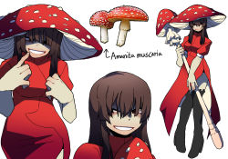 Rule 34 | 1girl, bad id, bad pixiv id, bags under eyes, black footwear, boots, brown eyes, brown hair, commentary, creature and personification, dress, gomulgong, hair over eyes, high heel boots, high heels, highres, holding, holding staff, long hair, multiple views, mushroom, mushroom hat, original, personification, red dress, short sleeves, simple background, smile, staff, thigh boots, thighhighs, white background