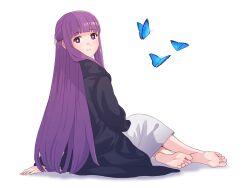 Rule 34 | 1girl, barefoot, blush, bug, butterfly, feet, fern (sousou no frieren), highres, insect, long hair, looking at viewer, purple eyes, purple hair, smile, soles, sousou no frieren, toes