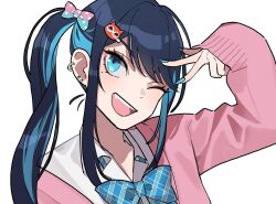 Rule 34 | 1girl, ado (utaite), alternate hairstyle, blue bow, blue bowtie, blue eyes, blue hair, blue nails, bow, bowtie, cardigan, chando (ado), cloud nine inc, collared shirt, colored inner hair, commentary, dark blue hair, dress shirt, ear piercing, earrings, gradient bow, hair bow, hair ornament, hairclip, jewelry, long hair, long sleeves, looking at viewer, mole, mole under eye, multicolored hair, nail polish, one eye closed, open mouth, piercing, pink cardigan, plaid, plaid bow, plaid bowtie, polka dot, polka dot bow, riseno, shirt, side ponytail, sidelocks, simple background, single off shoulder, sleeves past fingers, sleeves past wrists, solo, stud earrings, teeth, two-tone hair, upper body, upper teeth only, utaite, white background, white shirt
