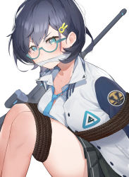 Rule 34 | 1girl, absurdres, assault rifle, black hair, blue archive, blue eyes, bound, breasts, chihiro (blue archive), cleavage, gagged, glasses, gun, hair ornament, highres, jacket, layer (shinobu), necktie, rabbit hair ornament, rifle, rope, short hair, solo, sweat, weapon, white background