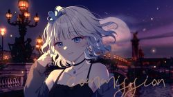 Rule 34 | 1girl, bare shoulders, black choker, black dress, black jacket, blue eyes, blurry, blurry background, choker, collarbone, commission, depth of field, dress, full moon, grey hair, hand up, highres, jacket, jewelry, lamppost, long sleeves, looking at viewer, moffle (ayabi), moon, off shoulder, open clothes, open jacket, original, parted lips, pendant, puffy long sleeves, puffy sleeves, railing, sleeveless, sleeveless dress, sleeves past wrists, smile, solo, water