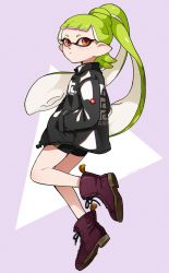 Rule 34 | 1girl, ankle boots, bike shorts, black jacket, black shorts, blunt bangs, boots, brown footwear, closed mouth, commentary, cross-laced footwear, floating, from side, full body, green hair, hands in pockets, highres, inkling, inkling girl, inkling player character, jacket, light frown, logo, long hair, looking at viewer, mask, nintendo, pointy ears, ponytail, print jacket, red eyes, short hair, short shorts, shorts, single vertical stripe, solo, splatoon (series), symbol-only commentary, tentacle hair, yeneny