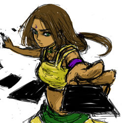 Rule 34 | 1girl, arc the lad, arc the lad ii, armband, armlet, bare shoulders, breasts, card, choker, dark skin, dark-skinned female, facepaint, facial mark, fighting stance, forehead jewel, holding, holding card, lowres, sania (arc the lad), shirt, simple background, sleeveless, sleeveless shirt, solo, tank top, upper body, white background