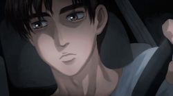 Rule 34 | 1boy, absurdres, brown eyes, brown hair, close-up, driving, expressionless, hair behind ear, highres, initial d, laing, looking to the side, male focus, solo, steering wheel, vehicle interior