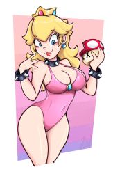 Rule 34 | 1girl, arched back, bare arms, bare shoulders, bite mark, black collar, blonde hair, blue background, blue eyes, blush, bracelet, breasts, cleavage, closed mouth, collar, contrapposto, covered navel, cropped legs, crown, earrings, eyelashes, hands up, highres, holding, holding mushroom, jewelry, large breasts, lips, long hair, mario (series), mushroom, nintendo, one-piece swimsuit, pink background, pink one-piece swimsuit, polka dot, power-up, princess peach, proxt2k, purple background, red lips, sideboob, signature, smile, solo, spiked bracelet, spiked collar, spikes, strap gap, super mario bros. 1, super mushroom, swimsuit, thighs, white background, wide hips, x x