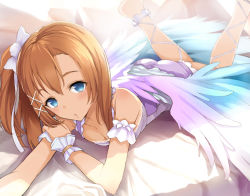 Rule 34 | 1girl, :o, artist name, artist request, bare legs, bare shoulders, bed, blue eyes, blush, bow, breasts, collarbone, dress, feet, female focus, frilled dress, frills, hair between eyes, hair bow, hair ornament, headphones, headset, kosaka honoka, legs up, looking at viewer, love live!, love live! school idol festival, love live! school idol project, medium breasts, orange hair, pants, parted lips, purple bow, purple pants, purple shorts, purple wings, sakasa (guranyto), shorts, side ponytail, smile, solo, striped, striped bow, white bow, white dress, white wings, white wrist cuffs, wings, wrist cuffs, x hair ornament