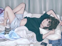 Rule 34 | 1girl, bare legs, barefoot, bed, black hair, black shirt, brown eyes, cat, cellphone, expressionless, full body, highres, long sleeves, looking at viewer, lying, midriff, navel, on back, original, phone, shirt, shorts, smartphone, solo, utsuwa0120, white shorts