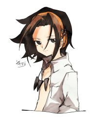 Rule 34 | 1boy, absurdres, asakura yoh, black hair, brown hair, closed mouth, collared shirt, cropped torso, headphones, highres, light smile, looking at viewer, male focus, multicolored hair, open clothes, open shirt, shaman king, shirt, signature, simple background, sofra, solo, two-tone hair, upper body, white background, white shirt