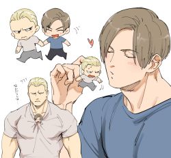 Rule 34 | 2boys, ?, ??, angry, bara, blonde hair, blue eyes, blue shirt, blush, brown hair, brown shirt, chibi, chibi inset, closed eyes, couple, holding hands, incipient kiss, jack krauser, large pectorals, leon s. kennedy, looking at another, mini person, miniboy, multiple boys, muscular, muscular male, open mouth, pectorals, resident evil, resident evil: the darkside chronicles, resident evil 4, shirt, short hair, simple background, smile, tatsumi (psmhbpiuczn), translation request, upper body, yaoi
