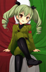 Rule 34 | 10s, 1girl, anchovy (girls und panzer), arm support, armband, bad id, bad pixiv id, belt, black shirt, blouse, blush, boots, brown eyes, crossed legs, dress shirt, drill hair, girls und panzer, green hair, hair ribbon, highres, italian flag, jacket, knee boots, leaning back, long hair, long sleeves, looking at viewer, military, military uniform, necktie, open mouth, pants, pants tucked in, ribbon, shirt, sitting, smile, solo, suidou (kyupirapper), twin drills, twintails, uniform