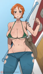 Rule 34 | 1girl, bob (bobtheneet), breasts, denim, highres, jeans, large breasts, nami (one piece), one piece, pants, short hair, solo, tattoo