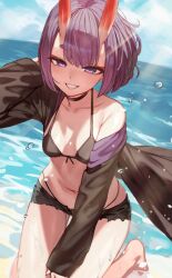 Rule 34 | 1girl, arm up, bare shoulders, bikini, blush, bob cut, breasts, choker, chorogon, collarbone, eyeliner, fate/grand order, fate (series), grin, hands in hair, highres, horns, large breasts, long sleeves, looking at viewer, makeup, navel, oni, open mouth, purple eyes, purple hair, short eyebrows, short hair, shuten douji (fate), skin-covered horns, smile, solo, swimsuit, thighs