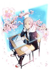 Rule 34 | 1boy, bad source, bag, black hair, book, bungou stray dogs, chair, cherry blossoms, desk, grey hair, long sleeves, male focus, multicolored hair, nakajima atsushi (bungou stray dogs), official art, open book, pen, petals, school bag, school desk, school uniform, shoes, sitting, smile, solo, streaked hair, transparent background, yellow eyes