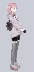 Rule 34 | 1girl, :p, absurdres, backpack, bag, black bow, blush, bodysuit, bodysuit under clothes, bow, choker, clothes lift, crotch zipper, dress, dress lift, frills, grey eyes, highres, latex, latex bodysuit, lifted by self, long sleeves, multicolored hair, original, pale skin, pink hair, platform footwear, platform heels, roots (hair), scrunchie, solo, standing, tongue, tongue out, twintails, two-tone hair, yd (orange maru), zipper