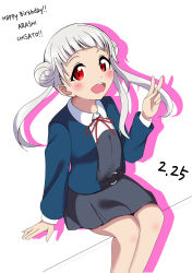 Rule 34 | 1girl, absurdres, arashi chisato, artist name, artist request, bare legs, belt, blue cardigan, blue jacket, blush, bow, bowtie, breasts, buttons, cardigan, collared shirt, cropped jacket, double bun, dress, dress shirt, female focus, floating hair, grey belt, grey shirt, grey skirt, hair bun, hair tie, highres, jacket, long hair, long sleeves, looking at viewer, love live!, love live! superstar!!, miniskirt, neck ribbon, o-ring, o-ring belt, parted lips, plaid, plaid skirt, pleated, pleated skirt, red bow, red eyes, red ribbon, ribbon, school uniform, shirt, sitting, skirt, small breasts, smile, solo, twintails, v, wavy hair, white background, white hair, white shirt, wing collar, yuigaoka school uniform