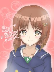 Rule 34 | 1girl, absurdres, bear hair ornament, blouse, blue jacket, boko (girls und panzer), brown eyes, brown hair, buttons, closed mouth, commentary, croissant is2, dated, double-breasted, english text, girls und panzer, hair ornament, hairpin, happy birthday, highres, jacket, looking at viewer, nishizumi miho, ooarai school uniform, pink background, sailor collar, school uniform, shirt, short hair, smile, solo, white shirt, winter uniform