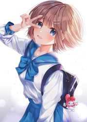 Rule 34 | 1girl, absurdres, arm up, blue bow, blue eyes, blush, bow, breasts, brown hair, hair ornament, hairclip, highres, long sleeves, looking at viewer, medium breasts, myowa, open mouth, original, school uniform, short hair, simple background, skirt, solo, symbol in eye, v, white background