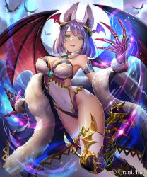 Rule 34 | 1girl, absurdres, animal ears, bat (animal), bat wings, breasts, character request, clawed gauntlets, company name, copyright notice, copyright request, covered navel, fur trim, green eyes, hand up, headgear, highres, leotard, medium breasts, moon, official art, purple hair, revealing clothes, short hair, solo, strapless, strapless leotard, teffish, wings