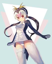 Rule 34 | 10s, 1girl, bird tail, black hair, blonde hair, blush, breasts, gradient hair, groin, headphones, highres, jacket, kemono friends, leotard, leotard under clothes, long sleeves, looking at viewer, low twintails, mizuto umi (blue monday), multicolored hair, pink hair, red eyes, royal penguin (kemono friends), smile, solo, standing, thighhighs, twintails, two-tone hair, white hair