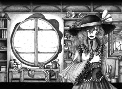 Rule 34 | 1girl, amazon (company), basket, book, bookshelf, cabinet, female focus, flower, flower pot, frills, furby, graphite (medium), greyscale, hand on own chest, hand over heart, hane (azelye), hat, hat ribbon, high collar, highres, humpty dumpty, jar, komeiji koishi, looking at viewer, monochrome, open mouth, painting (object), picture frame, ribbon, rose, round window, snow, solo, touhou, traditional media, trash can, wind turbine, windmill, window