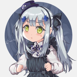 Rule 34 | 1girl, :t, absurdres, aged down, apron, black apron, blue background, bow, clenched hands, facial mark, frills, girls&#039; frontline, green eyes, hair bow, hair ornament, hat, highres, hk416 (black kitty&#039;s gift) (girls&#039; frontline), hk416 (girls&#039; frontline), long sleeves, looking at viewer, mini hat, mini top hat, official alternate costume, persocon93, pout, shirt, sidelocks, silver hair, solo, top hat, twintails, v-shaped eyebrows, white background, white shirt