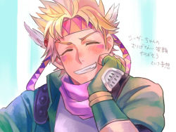 Rule 34 | 1boy, ^ ^, battle tendency, blonde hair, caesar anthonio zeppeli, closed eyes, closed eyes, facial mark, feather hair ornament, feathers, fingerless gloves, gloves, grin, hair ornament, headband, jojo no kimyou na bouken, male focus, smile, solo, sunabu, triangle print