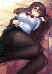 Rule 34 | 1girl, aqua eyes, ass, black-framed eyewear, black pantyhose, blazer, blue skirt, blush, bow, bowtie, breasts, brown hair, closed mouth, clothes lift, clothes pull, collared shirt, floor, from above, glasses, head tilt, highres, holding, holding clothes, holding skirt, jacket, kagematsuri, lifted by self, long hair, looking at viewer, looking up, lying, on back, on floor, open clothes, open jacket, original, panties, panties under pantyhose, pantyhose, pantyshot, pleated skirt, red bow, red bowtie, red ribbon, ribbon, school uniform, shirt, skirt, skirt pull, solo, thighs, underwear, white shirt