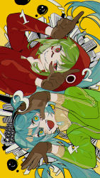 Rule 34 | 2girls, absurdres, black outline, blue eyes, blue hair, brown gloves, building, chromatic aberration, city, clenched hands, clenched teeth, commentary, dot nose, facepaint, flat chest, gloves, green eyes, green hair, green jacket, grin, gumi, hair between eyes, halftone, hands up, hatsune miku, headphones, highres, hood, hood up, hoodie, index finger raised, jacket, long hair, looking at another, looking to the side, looking up, matryoshka (vocaloid), multicolored eyes, multiple girls, omutatsu, open mouth, outline, pale skin, parted lips, red eyes, red hoodie, ringed eyes, rotational symmetry, short hair with long locks, side-by-side, sideways, simple background, skyscraper, smile, smiley face, tareme, teeth, track jacket, tsurime, twintails, upper body, upper teeth only, very long hair, vocaloid, window, yellow background, yellow eyes, zipper