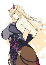 Rule 34 | 1girl, absurdres, bare shoulders, barghest (fate), barghest (second ascension) (fate), biceps, black dress, black gloves, blonde hair, breasts, brown pantyhose, dress, fate/grand order, fate (series), gloves, green eyes, heterochromia, highres, jewelry, large breasts, long hair, looking at viewer, muscular, muscular female, pantyhose, pelvic curtain, red eyes, shiki (love-saber), solo, tall female