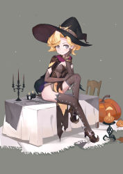 Rule 34 | 1girl, bad id, bad pixiv id, belt, blonde hair, bracelet, candle, candlestand, chair, elbow gloves, gloves, grey eyes, hat, high heels, highres, jack-o&#039;-lantern, jewelry, mercy (overwatch), no panties, overwatch, overwatch 1, pumpkin, rabbit (tukenitian), rug, short hair, side slit, sitting, smile, solo, table, tablecloth, thighhighs, witch, witch hat, witch mercy