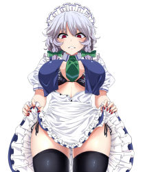 Rule 34 | 1girl, apron, bikini, bikini under clothes, black bikini, black bra, black panties, black thighhighs, blue skirt, blue vest, blush, bow, bra, braid, breasts, clenched teeth, clothes lift, clothes writing, commentary request, cosplay, cowboy shot, frilled apron, frills, from below, green bow, green necktie, hair between eyes, hair bow, hecatia lapislazuli, hecatia lapislazuli (cosplay), highres, izayoi sakuya, large breasts, lifting own clothes, looking at viewer, looking down, maid, maid headdress, nail polish, necktie, open clothes, open shirt, panties, petticoat, puffy short sleeves, puffy sleeves, red eyes, red nails, rihito (usazukin), shirt, short sleeves, side-tie panties, silver hair, simple background, skindentation, skirt, skirt lift, solo, standing, swimsuit, swimsuit under clothes, teeth, thighhighs, thighs, touhou, twin braids, underwear, vest, white apron, white background, white shirt, wing collar, wrist cuffs
