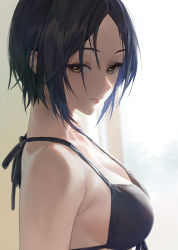 1girl bare_shoulders bikini black_bikini black_hair breasts cleavage closed_mouth collarbone halterneck hayami_kanade highres idolmaster idolmaster_cinderella_girls large_breasts looking_at_viewer modare parted_bangs short_hair solo sunlight swimsuit yellow_eyes