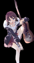 Rule 34 | 1girl, absurdres, black background, black jacket, blue eyes, chang zhao xiao quan, commentary, electric guitar, fur-trimmed jacket, fur trim, girls band cry, guitar, hair ornament, hairclip, highres, holding, holding guitar, holding instrument, instrument, iseri nina, jacket, looking at viewer, open clothes, open jacket, open mouth, pleated skirt, red hair, red skirt, shirt, short twintails, simple background, sitting, skirt, smile, socks, solo, twintails, white shirt, white socks