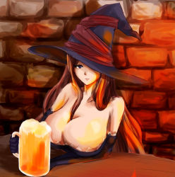 Rule 34 | 1girl, bare shoulders, blue eyes, breasts, brown hair, cleavage, cup, dragon&#039;s crown, elbow gloves, gloves, hat, hat over one eye, huge breasts, long hair, mug, one eye covered, oshugu, solo, sorceress (dragon&#039;s crown), table, witch hat