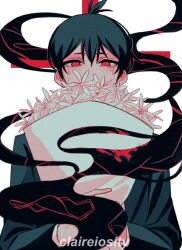 Rule 34 | 1boy, artist name, black hair, black jacket, bouquet, chainsaw man, claireiosity, covered mouth, crying, crying with eyes open, eyepatch, flower, formal, hayakawa aki, holding, holding bouquet, jacket, looking at viewer, red eyes, red theme, sad, shirt, short hair, simple background, smoke, solo, suit, suit jacket, tears, tombstone, white background, white shirt