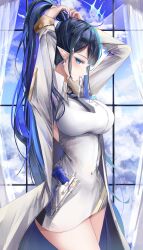 Rule 34 | 1girl, absurdres, adjusting hair, ahoge, arms up, black hair, blue archive, blue eyeliner, blue eyes, blue hair, blue halo, blush, breasts, cloud, cloudy sky, coat, colored inner hair, covered navel, cropped legs, dress, earrings, eyeliner, from side, glint, gun, halo, handgun, highres, holstered, jewelry, large breasts, long hair, looking at viewer, makeup, mouth hold, multicolored hair, necktie, pointy ears, ponytail, rin (blue archive), scrunchie, sidelocks, sky, smile, solo, standing, teca (ryeol), thighs, weapon, white coat, white dress, window