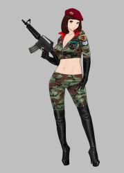 Rule 34 | 1girl, assault rifle, beret, boots, breasts, brown eyes, brown hair, camouflage, colt commando, elbow gloves, gloves, gun, hat, high heel boots, high heels, highres, knee boots, komii, looking at viewer, m16, midriff, military, military uniform, navel, original, rifle, solo, thigh boots, thighhighs, uniform, weapon, yellow eyes