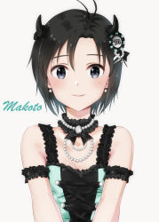 Rule 34 | 1girl, antenna hair, arm strap, black eyes, black hair, black ribbon, breasts, character print, choker, cleavage, closed mouth, collarbone, earrings, fake horns, hair ornament, hair ribbon, highres, horns, idolmaster, idolmaster (classic), jewelry, kikuchi makoto, looking at viewer, mogskg, necklace, ribbon, short hair, simple background, sleeveless, small breasts, smile, solo, striped ribbon, upper body, white background