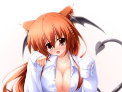 Rule 34 | 1girl, :o, animal ears, bad id, bad pixiv id, bat wings, blush, breasts, cat ears, cat girl, cleavage, demon tail, fang, female focus, head wings, highres, kemonomimi mode, koakuma, large breasts, long hair, midoriiro no shinzou, open clothes, open mouth, open shirt, paw pose, red eyes, red hair, shirt, sleeves past wrists, solo, tail, embodiment of scarlet devil, touhou, wings