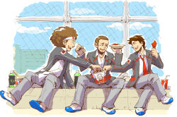 Rule 34 | 3boys, afro, animification, bottle, brown eyes, brown hair, bucket of chicken, chain-link fence, cloud, crossed legs, fence, food, fork, fujiwara ranka, grey jacket, grey pants, hairband, holding, holding food, holding fork, holding plate, jacket, jewelry, kfc, male focus, marco simoncelli, monster energy, moto gp, multiple boys, necklace, necktie, nicky hayden, on rooftop, pants, plate, real life, red necktie, school uniform, shadow, shirt, sitting, sky, smile, valentino rossi, white footwear, white hairband, white shirt