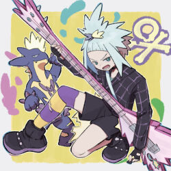 Rule 34 | 1girl, black footwear, blue eyes, creatures (company), fingerless gloves, game freak, gen 8 pokemon, gloves, guitar, highres, holding, holding guitar, holding instrument, holding plectrum, instrument, kneeling, looking at viewer, nintendo, official alternate costume, open mouth, plectrum, pokemon, pokemon (creature), pokemon masters ex, roxie (pokemon), roxie (sygna suit) (pokemon), saku^2 (sakujiro), single thighhigh, thighhighs, topknot, toxtricity, toxtricity (amped), v-shaped eyebrows