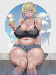 Rule 34 | 1girl, :d, arm support, aymusk, bandaid, bandaid on arm, bikini, bikini top only, bikini under shorts, black bikini, black panties, blonde hair, blue eyes, blue hair, blue sky, breasts, cleavage, cloud, collarbone, colored inner hair, commentary, covered erect nipples, dark-skinned female, dark skin, denim, denim shorts, english commentary, fang, flower, food, freckles-chan (aymusk), grey background, hair between eyes, hair flower, hair ornament, highleg, highleg bikini, highres, holding, holding food, holding ice cream, holding ice cream cone, hot, huge breasts, ice cream, ice cream cone, long hair, looking at viewer, multicolored hair, nail polish, navel, open mouth, original, outdoors, panties, plump, short shorts, shorts, sitting, skin fang, sky, smile, solo, stomach, sweat, swimsuit, two-tone hair, underwear, wide hips