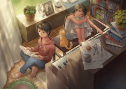 Rule 34 | 1boy, 1girl, animal, barefoot, black hair, book, book stack, bookshelf, cat, curtains, denim, dress, from above, hood, hooded jacket, indoors, instrument, jacket, jeans, key, kitsu+3, leaf, hugging own legs, legs together, long hair, looking at viewer, music, notebook, on floor, on table, open book, orb, original, pants, pencil, photo (object), piano, plant, playing instrument, potted plant, reading, red jacket, rug, short hair, sitting, on floor, sitting on table, smile, snow globe, strapless, strapless dress, table, white dress