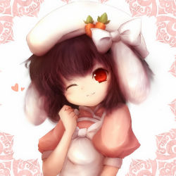 Rule 34 | 1girl, :3, alternate costume, amano jack, animal ears, bad id, bad pixiv id, brown hair, carrot, face, female focus, fig sign, hat, heart, highres, inaba tewi, one eye closed, rabbit ears, red eyes, ribbon, short hair, smile, solo, touhou, wink