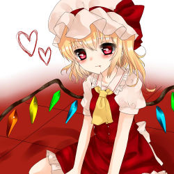Rule 34 | 1girl, ascot, bad id, bad pixiv id, blonde hair, blood, blood from mouth, blood on face, blouse, blush, bow, buttons, collared shirt, dress, flandre scarlet, flat chest, floor, frilled dress, frilled hat, frilled shirt, frilled skirt, frills, hat, hat bow, hat ribbon, heart, heart-shaped pupils, jpeg artifacts, koyashaka, looking at viewer, mob cap, multicolored background, puffy sleeves, red dress, red eyes, red shirt, red skirt, ribbon, seiza, shadow, shirt, short sleeves, side ponytail, sitting, skirt, skirt set, solo, symbol-shaped pupils, tile floor, tiles, touhou, wings