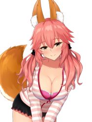 Rule 34 | 1girl, animal ear fluff, animal ears, black shorts, blush, bra, breasts, cleavage, collarbone, fate/extella, fate/extra, fate/extra ccc, fate (series), fox ears, fox girl, fox tail, highres, igloo 03, large breasts, looking at viewer, official alternate costume, open clothes, open shirt, pink bra, pink hair, shorts, simple background, smile, solo, tail, tamamo (fate), tamamo no mae (fate/extra), tamamo no mae (spring casual) (fate), twintails, underwear, white background, yellow eyes