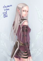 Rule 34 | 1girl, amputee, ass, claymore (series), frown, grey eyes, irene, long hair, looking back, osu, pointy ears, silver hair, solo, strap