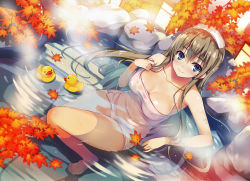 Rule 34 | 1girl, absurdres, autumn leaves, bare shoulders, barefoot, blue eyes, blush, breasts, brown hair, cleavage, collarbone, feet, highres, incredibly absurdres, large breasts, leaf, long hair, looking at viewer, naked towel, onsen, partially submerged, scan, smile, solo, tomose shunsaku, towel, towel on head, water